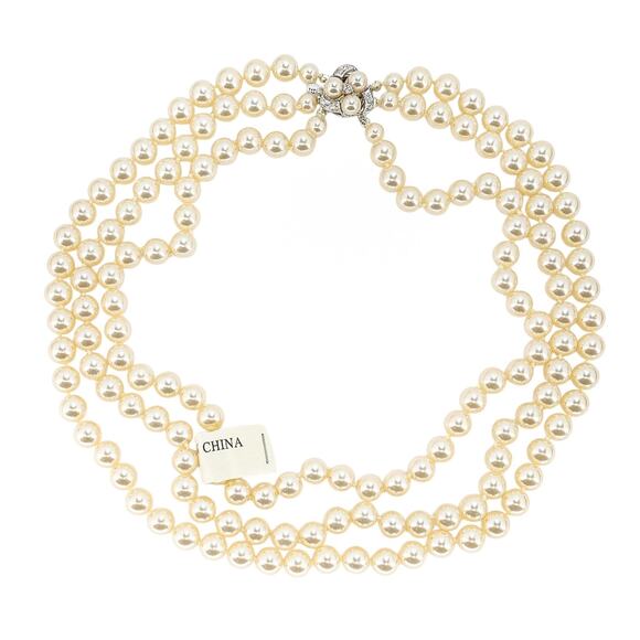 NOS - Classic Triple-Strand Faux Pearl Choker Necklace with Rhinestone Clasp - Picture 3 of 10